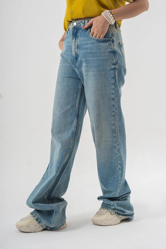 Baggy Fit Blue Denim Pants with Panel Stitch Detailing - Light Wash Style EW-000770
