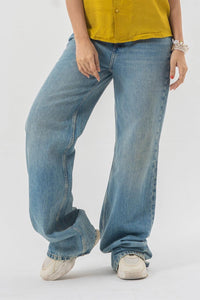 Baggy Fit Blue Denim Pants with Panel Stitch Detailing - Light Wash Style EW-000770