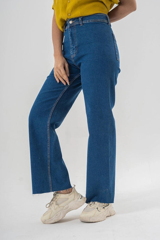 High Waist Flared Blue Denim Pants with Clean Hem Finish EW-000765