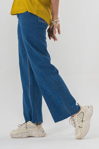 High Waist Flared Blue Denim Pants with Clean Hem Finish EW-000765