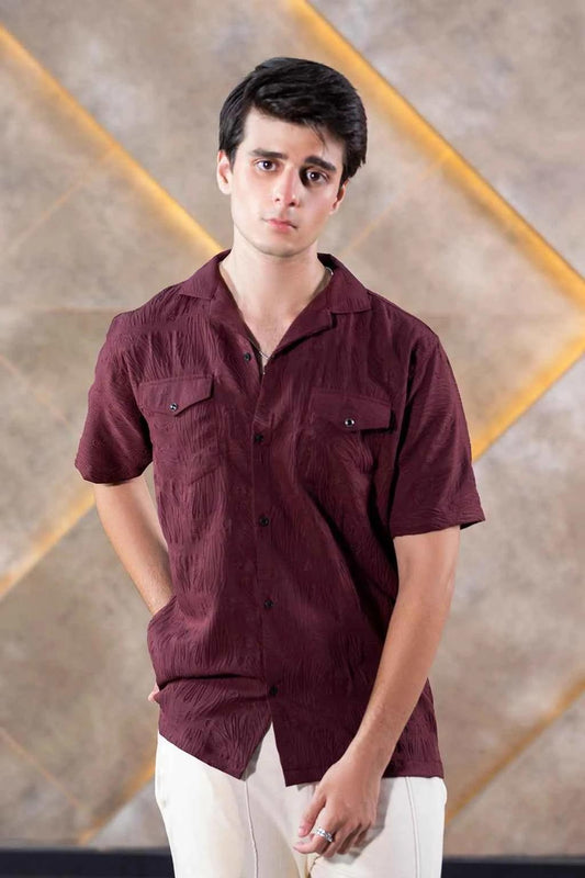Textured Button-Down Shirt for Men in Rich Maroon – Perfect Summer Wear EW-000329
