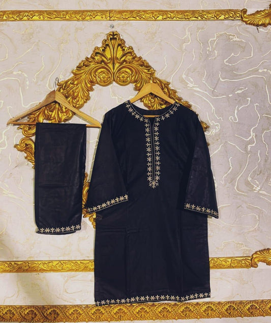 Stylish Women's Stitched Embroidered Shirt and Trouser Set - 2 Pcs - Black