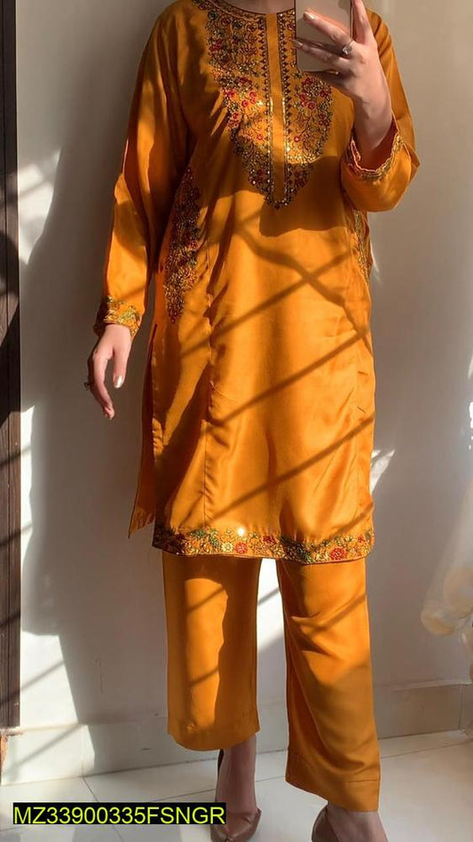 2 Pcs Women's Stitched Linen Embroidered Suit