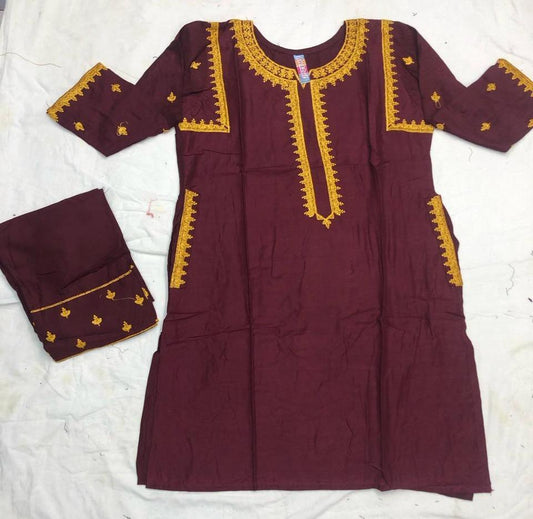 2 Pcs Women's Stitched Linen Embroidered Shirt And Trouser