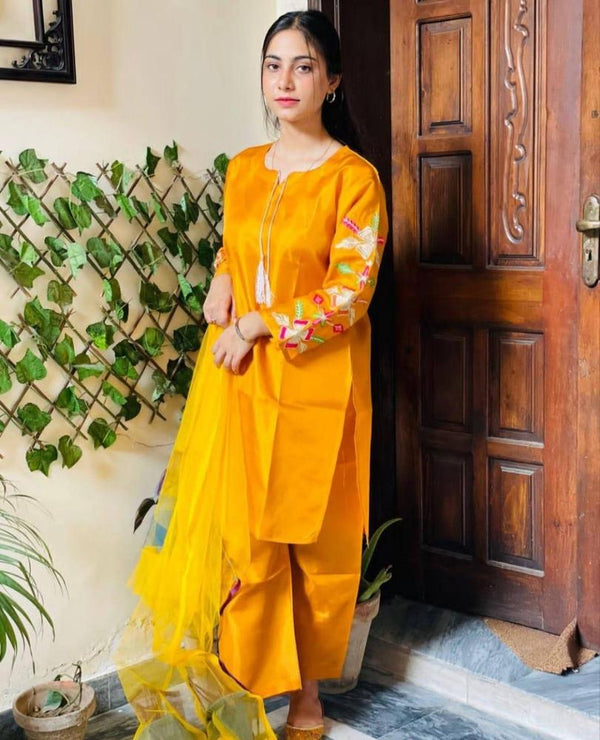 3 Pcs Women's Stitched Katan Silk Embroidered Suit