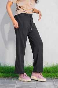 Black Drawstring Trousers for Daily Comfort - Straight-Leg Style EW-000955