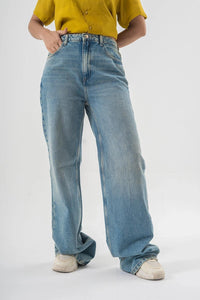 Baggy Fit Blue Denim Pants with Panel Stitch Detailing - Light Wash Style EW-000770