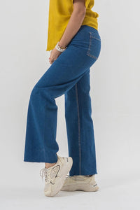 High Waist Flared Blue Denim Pants with Clean Hem Finish EW-000765