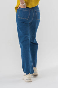 High Waist Flared Blue Denim Pants with Clean Hem Finish EW-000765