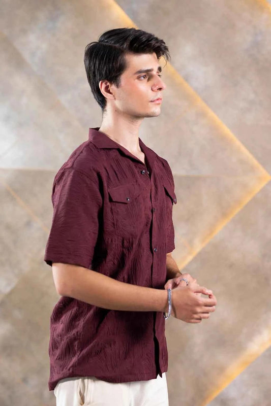 Textured Button-Down Shirt for Men in Rich Maroon – Perfect Summer Wear EW-000329