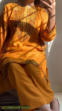 2 Pcs Women's Stitched Linen Embroidered Suit