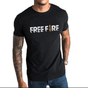Black t-shirt with 'FREE FIRE' text worn by a person on a white background